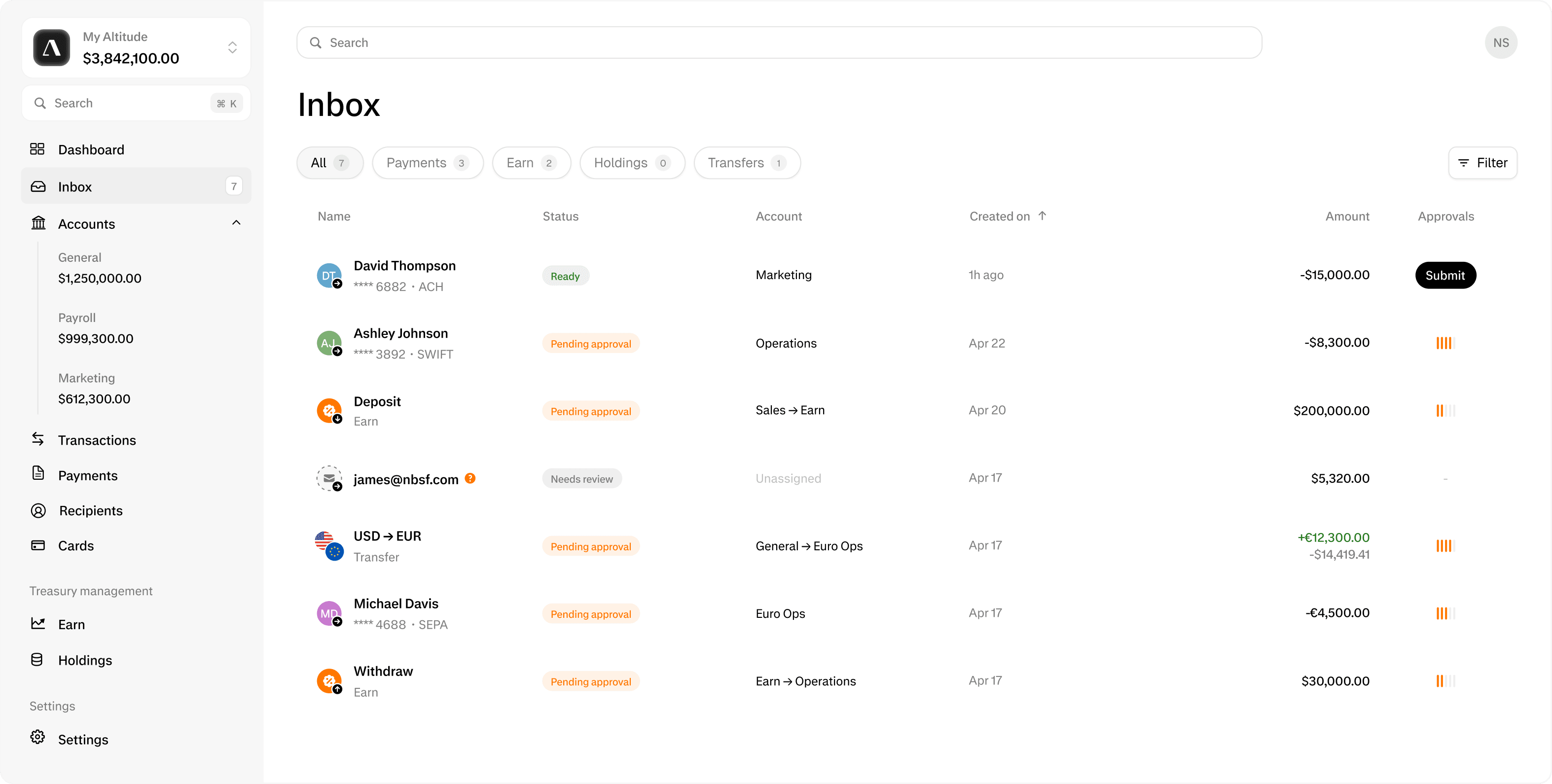 Altitude dashboard showing recent transactions