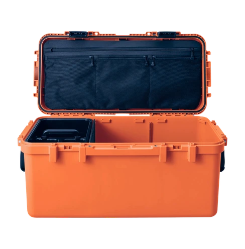 A shipping case holding invoices, a receipt, an envelope, a corporate card, a postage stamp and a photograph of Earth